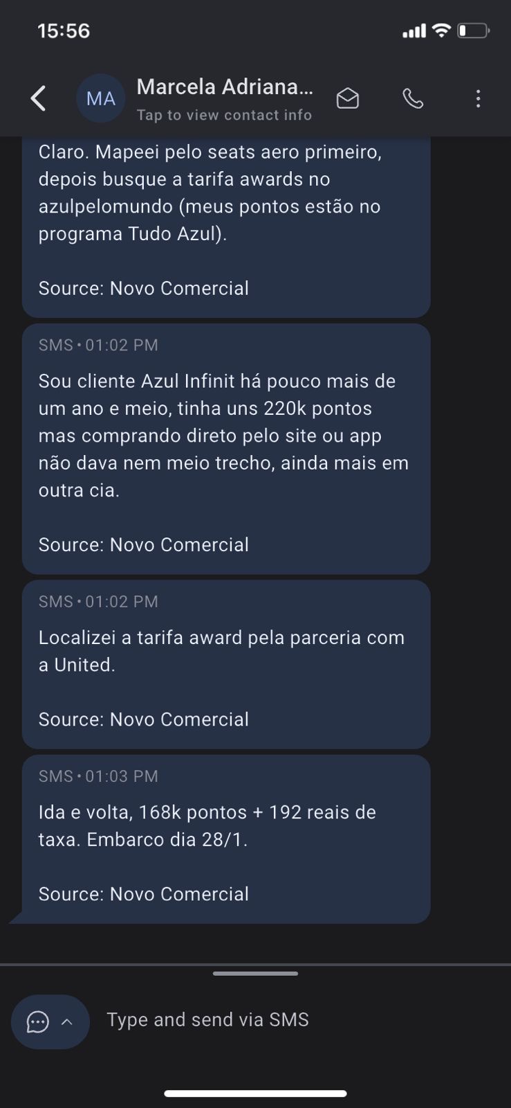 Print real da conversa de Marcela sobre o problema com pontos Azul