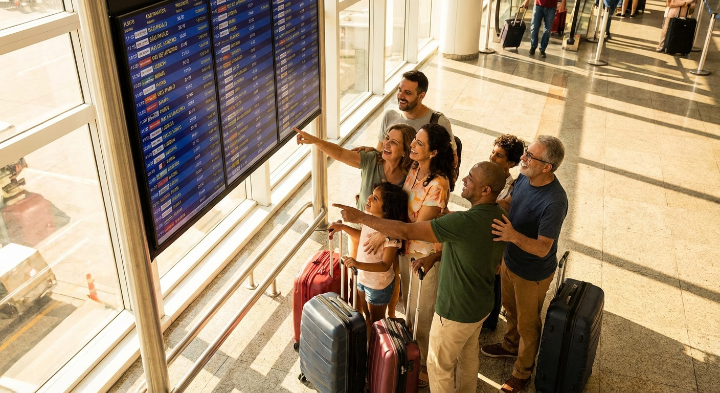 Painel de embarque em aeroporto brasileiro mostrando voos internacionais